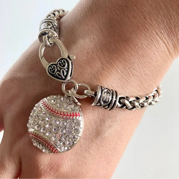 Silver-tone Baseball Crystal Charm preloved Bracelet - Picture 3 of 8